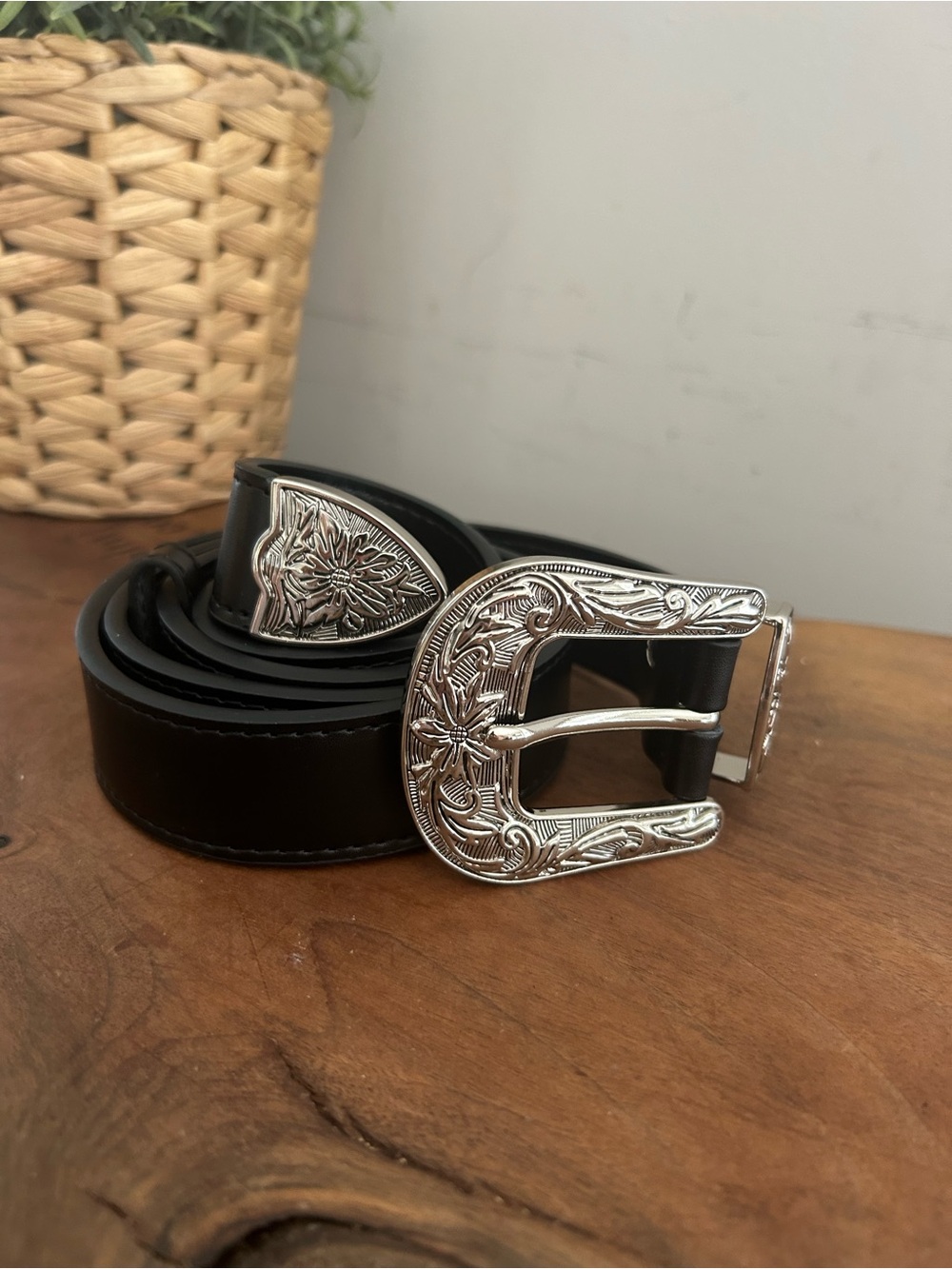NEW-Black Leather Western Belt with Silver Engraved Floral Metal Buckle